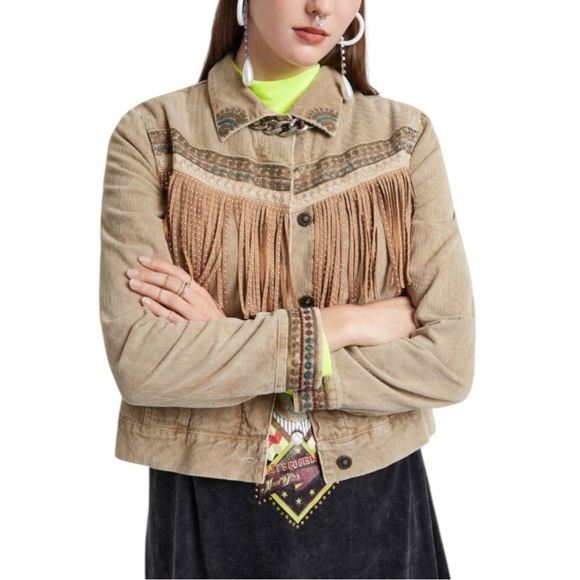 Desigual Western Fringe Embroidered Corduroy Jacket NWOT Boho Fleece lined - Picture 15 of 15